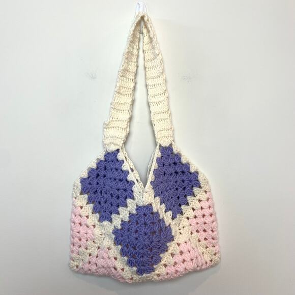 Handmade Knit Crochet Purse Pink and Purple Granny Square Shoulder Bag - Picture 3 of 5